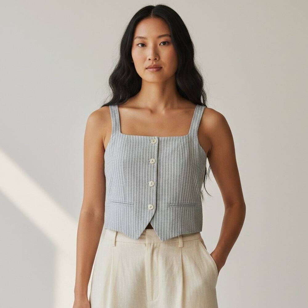 Haver + Blair London Pinstripe Button Front Waistcoat NWT Womens Sz S Gray White